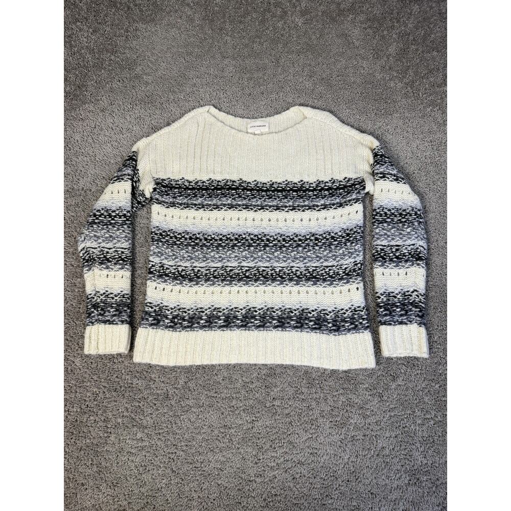 Lucky Brand Sweater Womens S White Striped Crochet Chunky-Knit Pullover